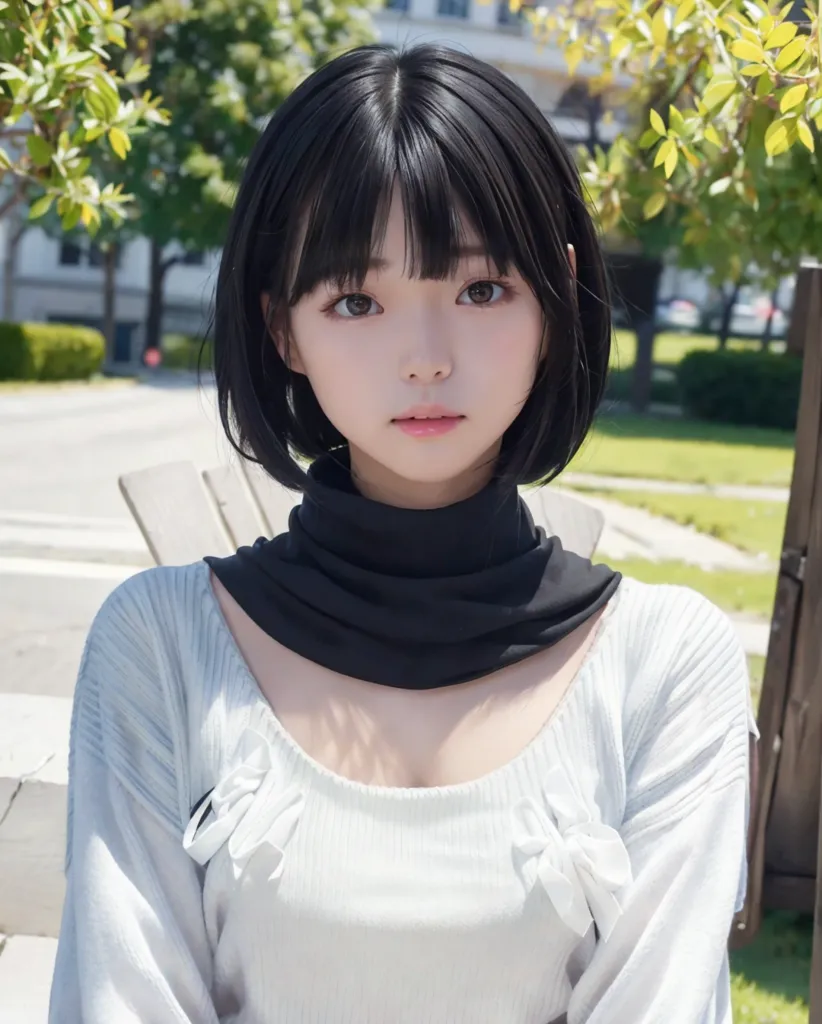 Japanese high school girl with black bobbed hair in a masterpiece in the style of Shinkai Makoto. She wears a short white T-shirt top with a scarf around her neck. She has a kawaii and delicate face with a youthful beauty and a cute smile. The background is a park with an upper body shot where the upper half of the photo is the composition. --ar 51:64