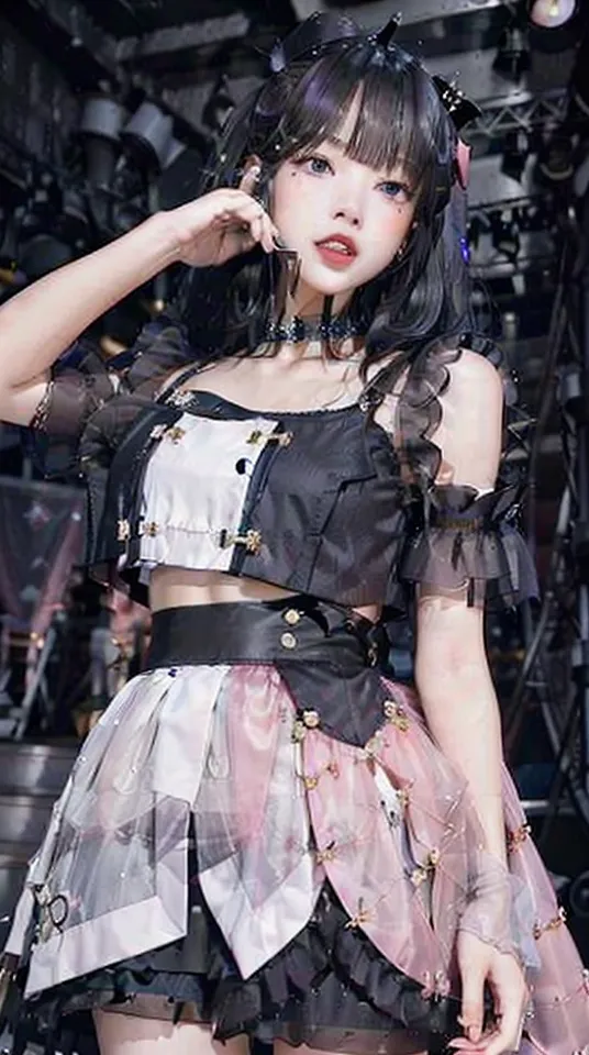 a photo of an attractive Chinese girl idol dressed in cute cyberpunk fashion, she is posing and pointing to her lips with one hand while standing on stage, she has black hair that touches the shoulders, there's lots of intricate details, shiny , cute skirt, short skirt, visible collarbone, cute makeup, she looks very flirty, she smiles mischievously at me --ar 67:120