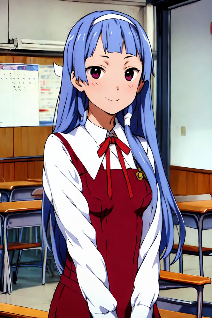 A high school girl with long blue hair and a red apron, smiling with an expression in the classroom background in the style of anime. --ar 85:128