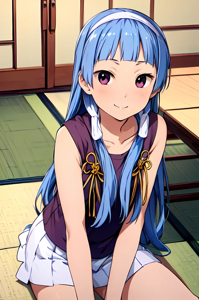 A cute girl with long blue hair, purple eyes and a white headband is sitting on the floor in an anime style wearing a black sleeveless top and mini skirt. She has bangs at her forehead and wears golden necklaces around it. Her legs have pale skin and she is smiling slightly looking at the camera. The background shows wooden tatami floors. Full body portrait in the style of anime. --ar 85:128