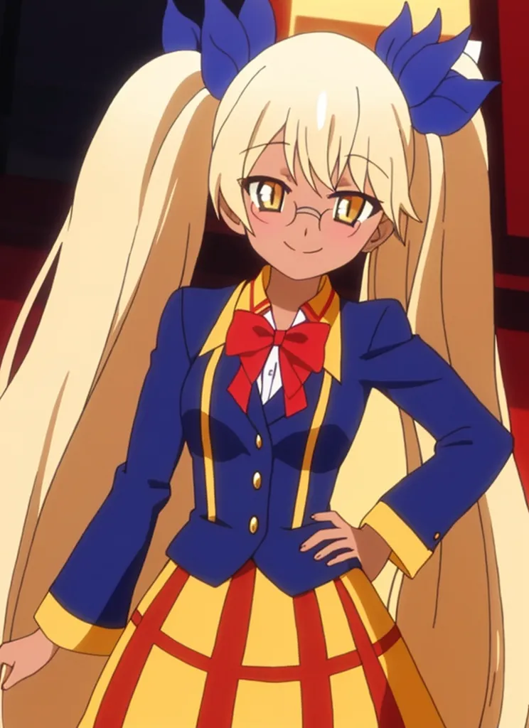 A blonde anime schoolgirl with long hair in the style of YuGiOh! and Monogatari Series, wearing glasses, a blue blazer over a red skirt, with yellow accents on her outfit, smiling and standing confidently in a full body shot. She has an elegant appearance reminiscent of high school girls from 'My Hero Academia' and 'Bakemono Night' visual theme, and is drawn in the style of [Akihiko Yoshida](https://goo.gl/search?artist%20Akihiko%20Yoshida). The background features a simple yet vibrant setting. --ar 93:128