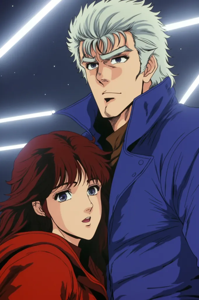 90s anime style, the main character is an extremely handsome man with silver hair and blue eyes wearing red he stands next to his beautiful wife who has brownish purple colored short wavy curly hairstyle they both have deep set faces and long sharp jawline, in a space background, retro fashion, muted pastel colors, dynamic composition in the style of [Tsukasa Hojo](https://goo.gl/search?artist%20Tsukasa%20Hojo) and Toshihiro Kawamoto --ar 85:128