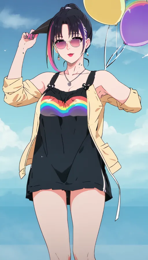 A cute girl with short black hair, wearing sunglasses and shorts with rainbow stripes on the front of her dress, holding balloons in one hand while standing against a blue sky background. She is smiling at me, dressed in the style of an anime character. Her outfit includes a beige jacket over it. The overall style captures the lively atmosphere of a summer day. --ar 4:7