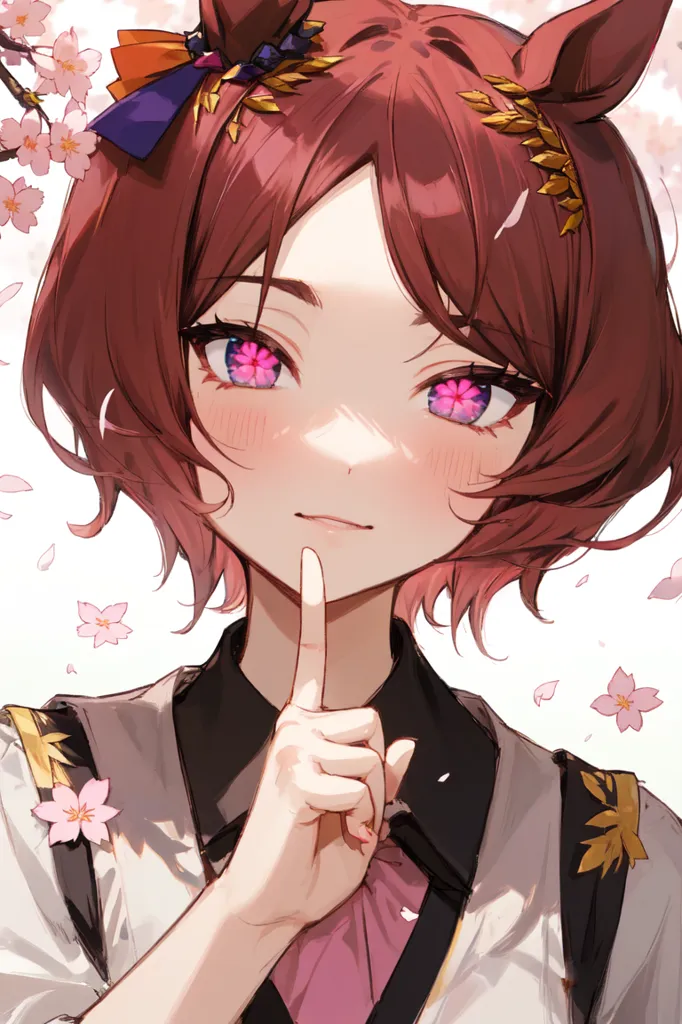 Cute anime girl with dark red hair and pink eyes doing the shush gesture with her index finger in front of her lips, cherry blossoms in the background, cute outfit and a headband bow on one side of her short brown hair with purple highlights, in the style of moe anime. --ar 85:128