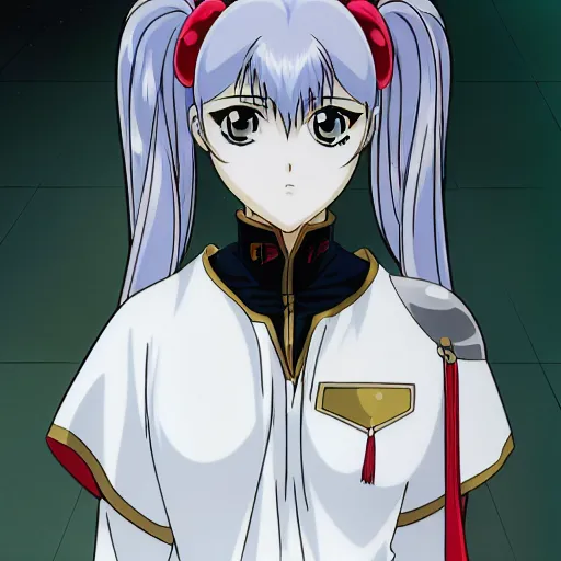 The anime depicts an adult girl with white hair and a red headband, wearing  similar to Kagura from Dragon Ball Z. She has long straight silver blue gradient pigtails tied on both sides of her forehead. Wearing a black turtleneck shirt underneath loose-fitting white suit pants with gold trim at the waist belt or obi sash. Her eyes were large and round, her expression serious, standing sideways. The background was a dark green space, in the style of [Hayao Miyazaki](https://goo.gl/search?artist%20Hayao%20Miyazaki). The picture quality was high definition and high resolution.