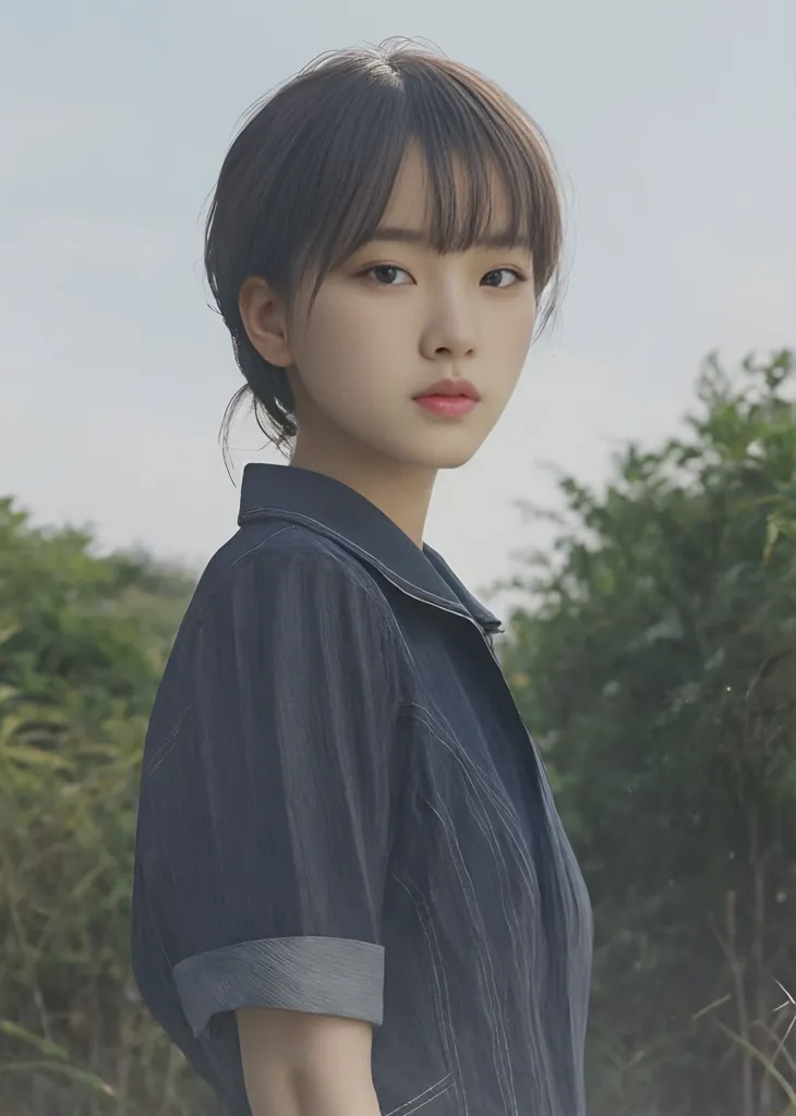 A photo of an Asian girl in the style of minimalist photography. She is wearing dark blue short sleeves and has bangs on her head. The background color should be light gray. The  design with strong lines and simplicity conveys elegance. She stands outdoors with greenery behind her and the sky above. The overall atmosphere gives people a calm feeling. --ar 91:128