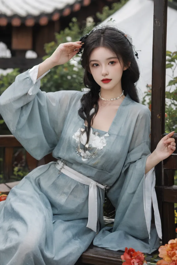 Chinese style Hanfu, with long sleeves and pants featuring floral patterns on the chest, a wide neckline that is open at both sides of each shoulder sleeve, a low necked collar, a light blue color scheme, a white belt around the waist, a tied hair braid hairstyle, wearing pearl earrings, sitting in an outdoor garden setting, hands resting at the side, a confident smile, a full body portrait photograph, with super realistic skin texture, delicate facial features, black eyes, a smiling expression, wearing gorgeous  in the style of realistic portrait photography. --ar 85:128