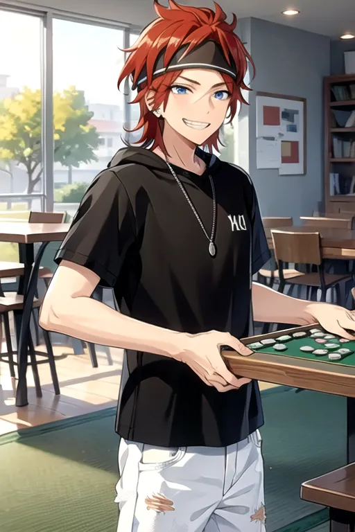 In the anime style of [Makoto Shinkai](https://goo.gl/search?artist%20Makoto%20Shinkai), a red haired man wearing a black T-shirt and white shorts is playing mahjong in front of a table with a coffee shop background. He has a headband on his forehead, blue eyes, and a smiling expression. It is a full body shot with high details. --ar 2:3