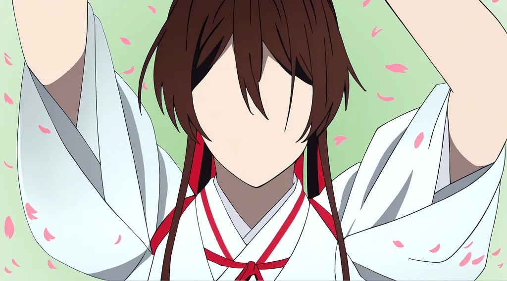 A girl with brown hair in white and red kimonos is smiling, her hands raised above head level, wearing the uniform of Japanese school girls. She has long straight bangs on top of her face, with an anime style and a green background. Her expression was calm as she stood up to bow down. The screen adopts a flat animation style, using a wide angle lens to capture the entire scene. Bright colors add vitality, in the style of anime. --ar 128:71