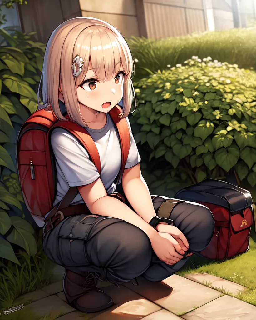 Cute anime girl sitting on the ground with her back to us, wearing grey pants and a white shirt, a red backpack at her feet, blonde hair in a short bob hairstyle, green eyes, smiling in a cute pose, outside a school background, in the anime style, colorful, high resolution, high detail, digital art. --ar 51:64