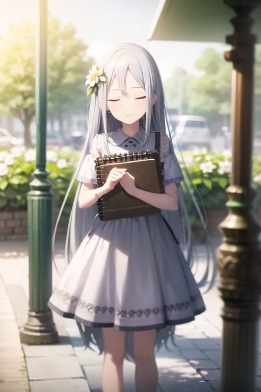 A cute anime girl with long silver hair, wearing an elegant gray dress and holding her notebook under the warm sunlight of summer, stands on the street corner in front of green plants and flowers. Her eyes sparkle as she smiles gently at something she has seen or doesn't know yet, her delicate body gracefully slightly raised to watch what's going on outside. She is wearing white socks that match well with her outfit, adding a touch of cuteness. In the style of anime, highest quality illustrations. --ar 2:3