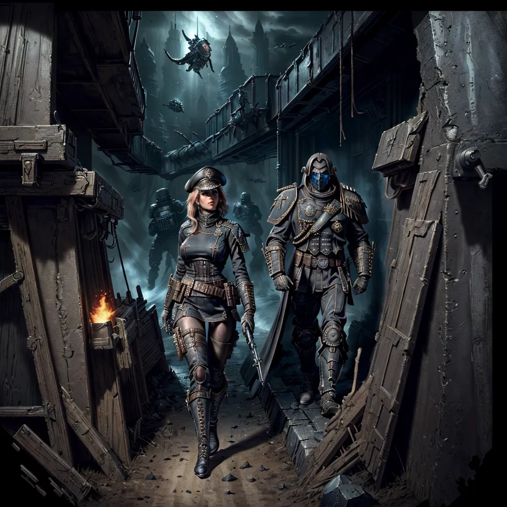 Two characters in sci-fi armor stand inside an abandoned ship. The woman is holding two sci-fi weapons and has blonde hair while wearing pants with black boots. She stands next to her male companion who wears a blue full face mask over his eyes. He holds one weapon as well but it is long. They both look at the camera. There are dark walls around them. There is a fire on the ground behind them. There are flying monsters above against a dark background with dark lighting. The art style is fantasy. 