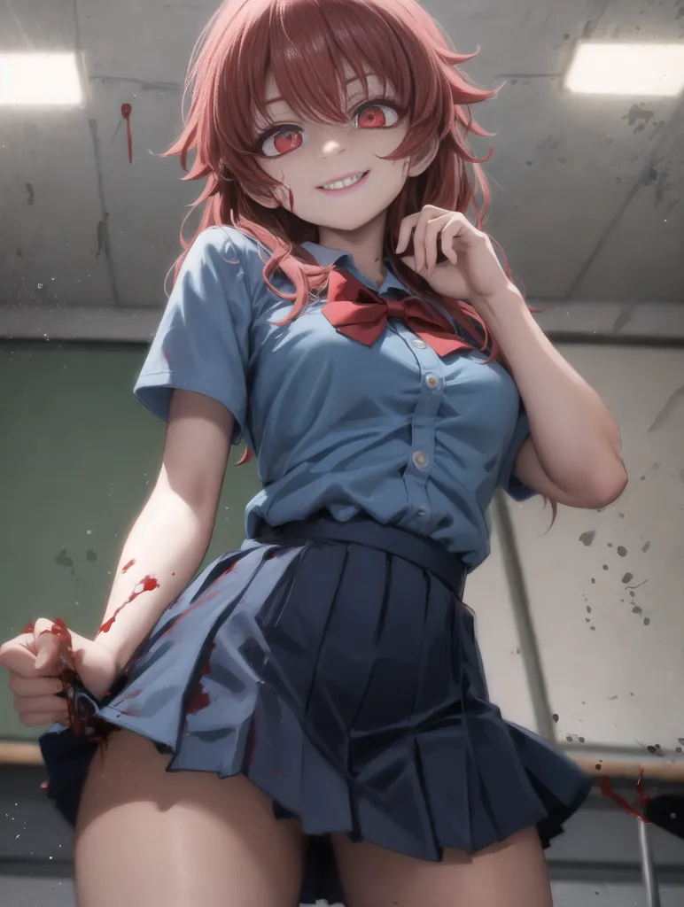 Anime in the style of Shinkai Makoto, with an apocalyptic atmosphere and dark light. An anime girl with red hair and big eyes is smiling happily while holding a knife in her hand and showing off her legs in shorts and high heels. She is looking at the camera with a classroom background. --ar 3:4