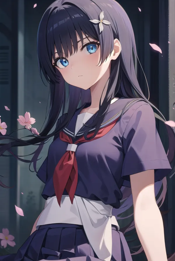 A beautiful anime school girl with long hair and blue eyes, wearing a navy skirt uniform with a red ribbon tie in the style of [Makoto Shinkai](https://goo.gl/search?artist%20Makoto%20Shinkai), surrounded by falling sakura petals, looking at the camera in a closeup, with warm colors, a dreamy atmosphere, soft lighting, perfect details, high resolution, digital art, a fantasy background, a dark mood, purple tones, a captivating gaze, and an elegant pose. --ar 75:112