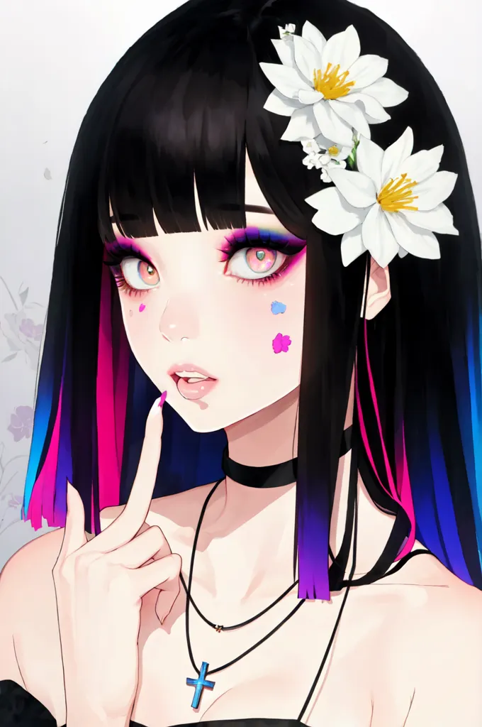 Anime, black straight hair with pink and blue streaks, white flowers in the bangs of her head, beautiful eyes, long eyelashes, wearing a choker necklace around her neck with a cross pendant on it, her hand making a flirty gesture near her face, her hand showing the middle finger to the viewer, in the style of anime, digital art --ar 85:128