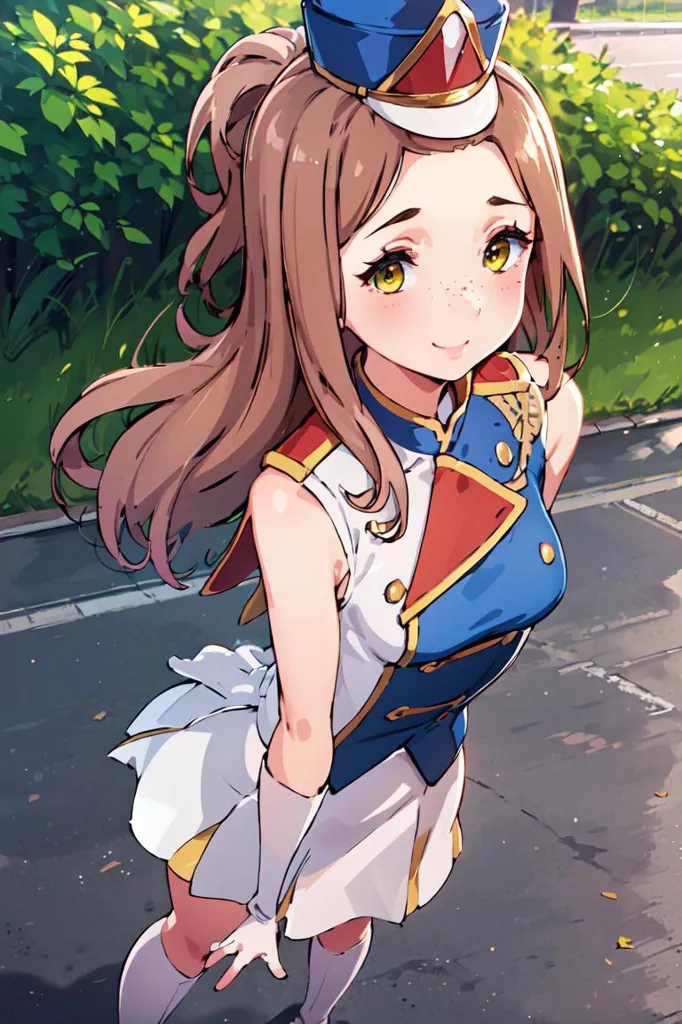 cute anime girl in a cute pose, wearing a marching band uniform with a red, white, and blue skirt and hat, with long brown hair in a ponytail, running down the street, a close up portrait, her full body drawn in a cel shaded anime style reminiscent of [Studio Ghibli](https://goo.gl/search?artist%20Studio%20Ghibli) and [Makoto Shinkai](https://goo.gl/search?artist%20Makoto%20Shinkai). --ar 85:128