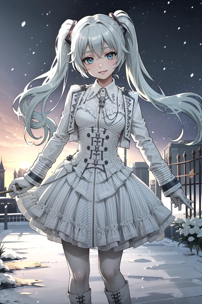 A beautiful anime girl with silver hair in pigtails, blue eyes and a white dress is standing on the snow-covered square of a modern city at night. She has light grey tights beneath her frilly skirt and long sleeves decorated with black stripes. White gloves are on her hands, and she wears an elegant winter coat adorned with intricate patterns and lace trimmings. She smiles slightly, her expression serene as if it were something typical for a day's walk. A full body shot is shown in the style of anime. --ar 85:128