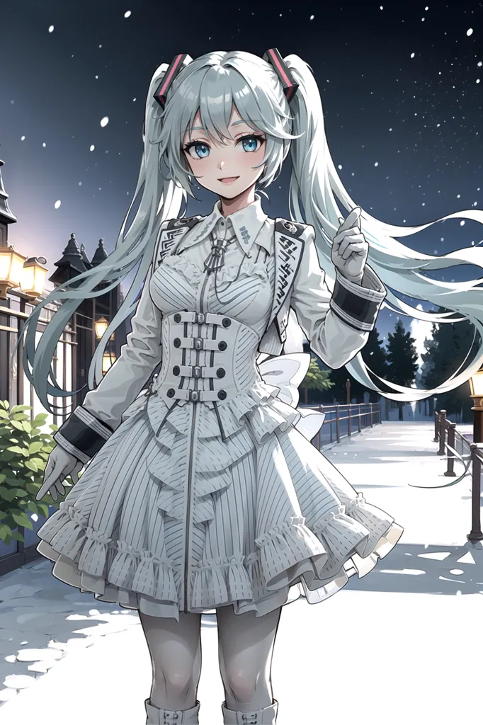 A cute anime girl with silver hair in twin ponytails, wearing an elegant white dress and gloves, standing on the snowy courtyard of a night city street, with blue eyes and a smiling expression. She has long legs and wears gray tights underneath her skirt. Her outfit is detailed with black stripes along its edges, creating a contrast between light gray lace and dark grays at the collar level. The background features a dark sky, creating a mysterious atmosphere. A full body shot in the anime style. --ar 85:128