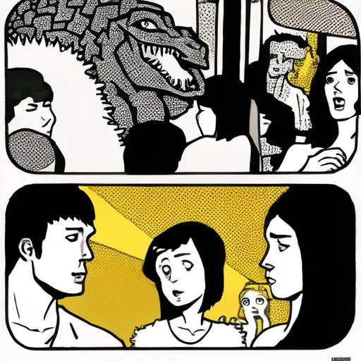 A comic strip with two panels featuring an Asian woman and man in the foreground, one panel showing them being polfied by Godzilla, another panel showing their faces in shock and awe. The style is simple line art in black ink on white background, with yellow highlights to emphasize different colors of characters, and a playful tone to convey humorous elements. It captures candid moments between characters and objects in both panels. The style is in the style of simple line art in black ink on a white background, with yellow highlights to emphasize different colors of characters, and a playful tone to convey humorous elements. 