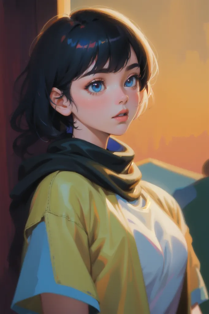 Cute anime girl with black hair and blue eyes wearing a yellow t-shirt and dark green cardigan with short sleeves, simple background with golden hour lighting, close up portrait in the style of [Makoto Shinkai](https://goo.gl/search?artist%20Makoto%20Shinkai), concept art for a mobile game, digital painting with smooth textures and high resolution, detailed character design, colorful animation stills with soft shadows in the [Studio Ghibli](https://goo.gl/search?artist%20Studio%20Ghibli) style. --ar 85:128