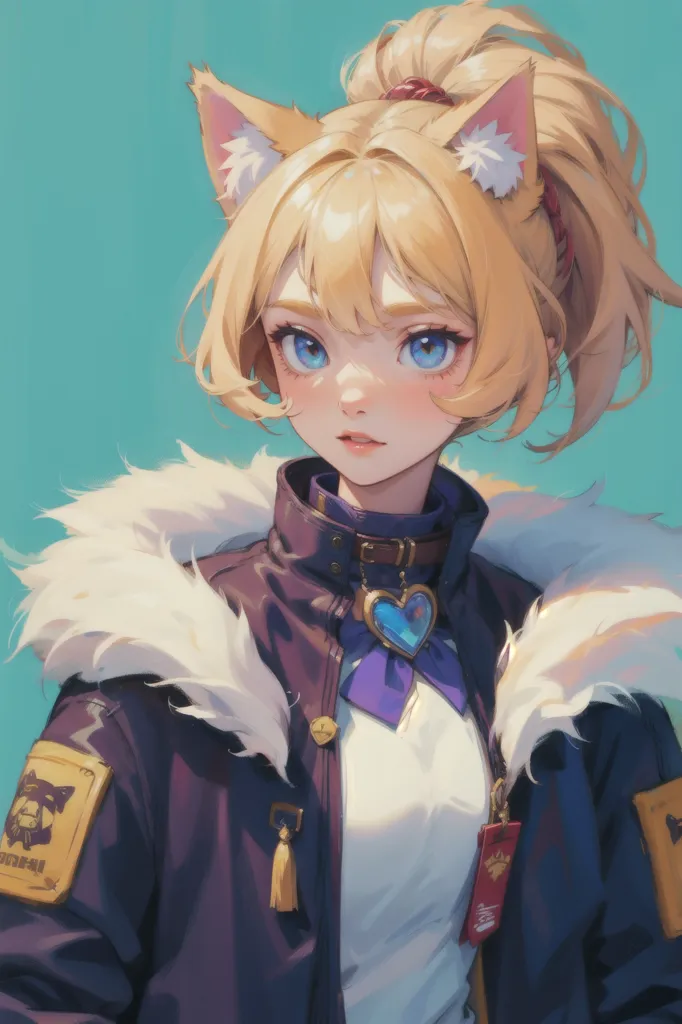 Cute anime catgirl, with blonde hair and blue eyes, wearing an air sliding jacket with a fur collar and badge on the chest in the style of an anime artist. --ar 85:128