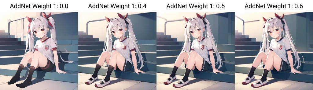 4 panels with the same cute anime girl sitting on stairs, white hair and red eyes, wearing school uniform and black shoes, the character is smiling, different angles of her legs, add weight to \