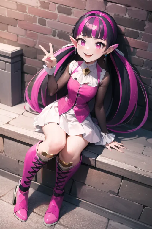 Cute girl with long black and pink hair, purple eyes, smiling, wearing a white skirt with dark red patterns on it, sitting on a bench in front of a brick wall, full body shot, in the style of a cute anime, fantasy world setting, detailed facial features, high resolution, high details, fullbody portrait, high quality, high detail, masterpiece, best picture quality, 3D rendering, in the style of anime, pink boots, anime aesthetic, fantasy art style. --ar 2:3