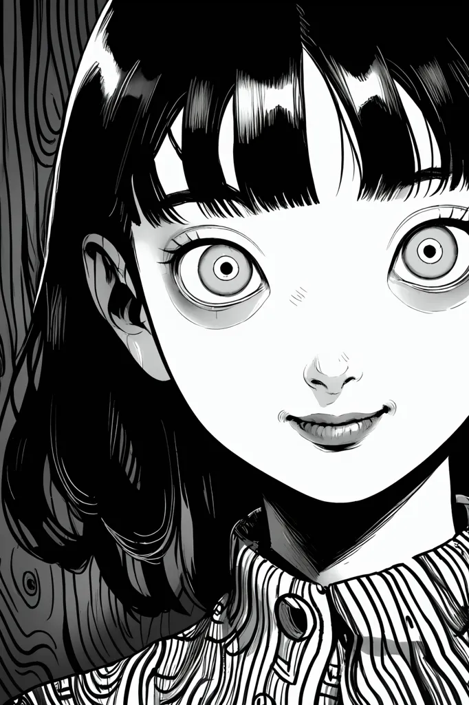 manga panel of an extremely cute Japanese girl with big eyes, black and white, 90s manga style, wearing a striped dress, smiling and looking at the camera, in the style of [Junji Ito](https://goo.gl/search?artist%20Junji%20Ito), dark background, closeup shot, detailed shadows, hyperrealistic, high contrast, dynamic composition, comic book style, vintage manga, horror art, graphic novel cover page, detailed illustration, fine lines, high resolution, in focus, sharp details, cinematic lighting --ar 85:128