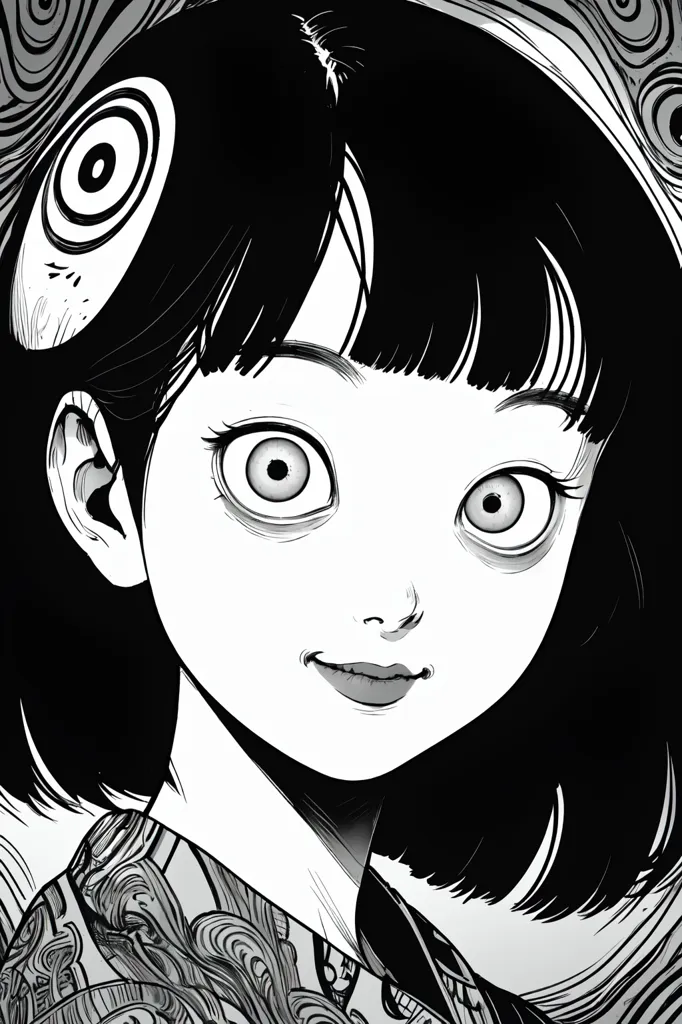 manga panel of an adorable young girl with big eyes, she has short black hair and bangs. She is wearing patterned . Her expression looks surprised or curious. The background should be a detailed anime-style illustration. Black & white line art. In the style of [Junji Ito](https://goo.gl/search?artist%20Junji%20Ito) manga. High contrast, bold lines, dynamic composition, surreal elements, dark atmosphere, detailed patterns on skin. --ar 85:128