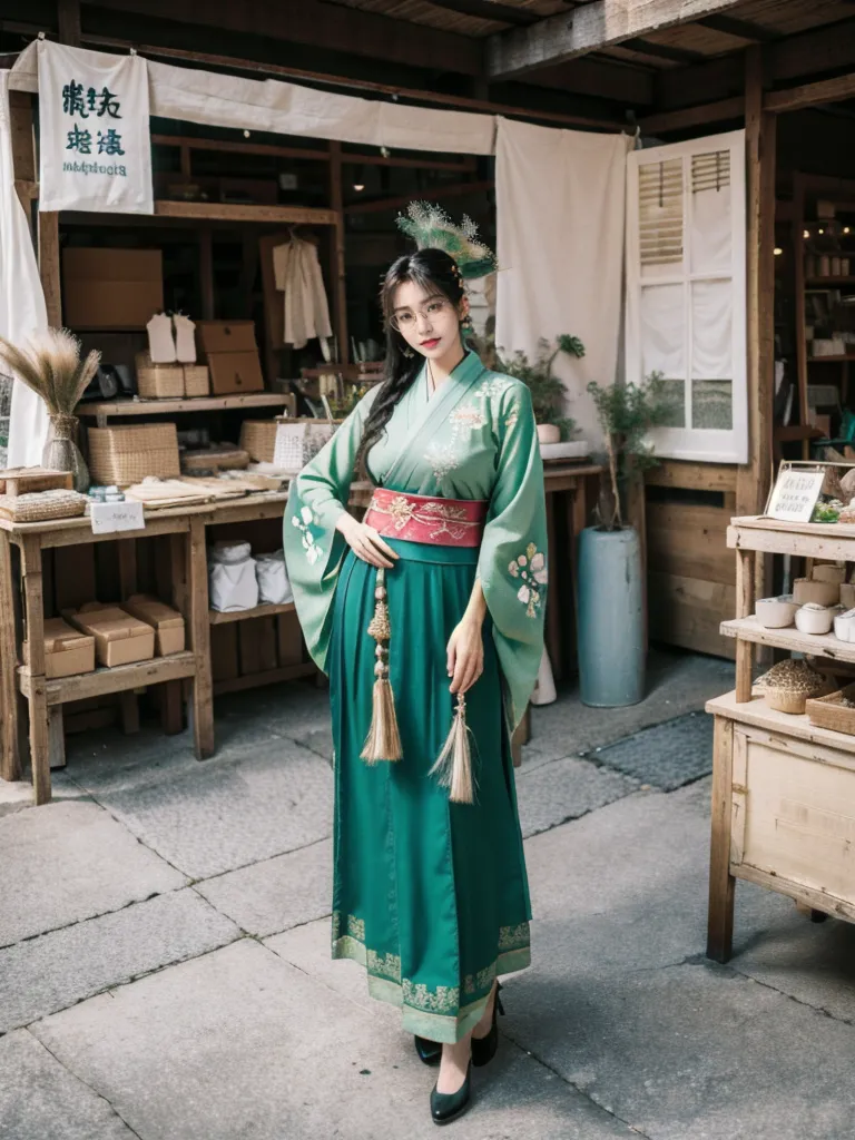 Full body photo, a beautiful woman in a green Hanfu with a traditional Chinese style skirt and hair accessories, wearing simple embroidered shoes on her feet, standing next to the wooden counter of an old-style street market selling handmade crafts and decorations. The background is a large space decorated in the style of ancient Japanese architecture. The colors used in photography are mainly dark brown and light yellow-green, creating a warm atmosphere. She smiles gently while holding some exquisite handcrafted ornaments. --ar 3:4