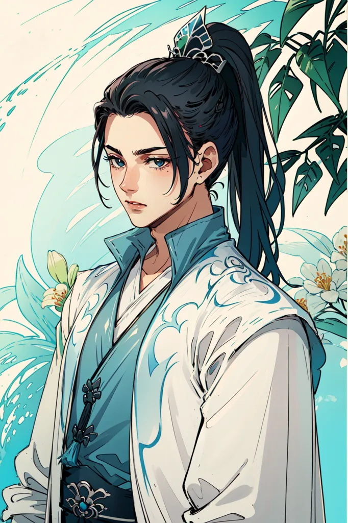 Chinese ancient style, cartoon character design of a handsome man with black hair and blue eyes wearing white Hanfu in the style of Chinese animation, with a turquoise background and white floral decoration on his , holding flowers, exquisite facial features, high definition resolution, soft lighting, Chinese elements. In the style of [Artgerm](https://goo.gl/search?artist%20Artgerm), anime aesthetics with a futuristic cyberpunk style, light cyan and silver, dark amber and gray, meticulous brushwork details, charming illustrations in a flat style. --ar 85:128