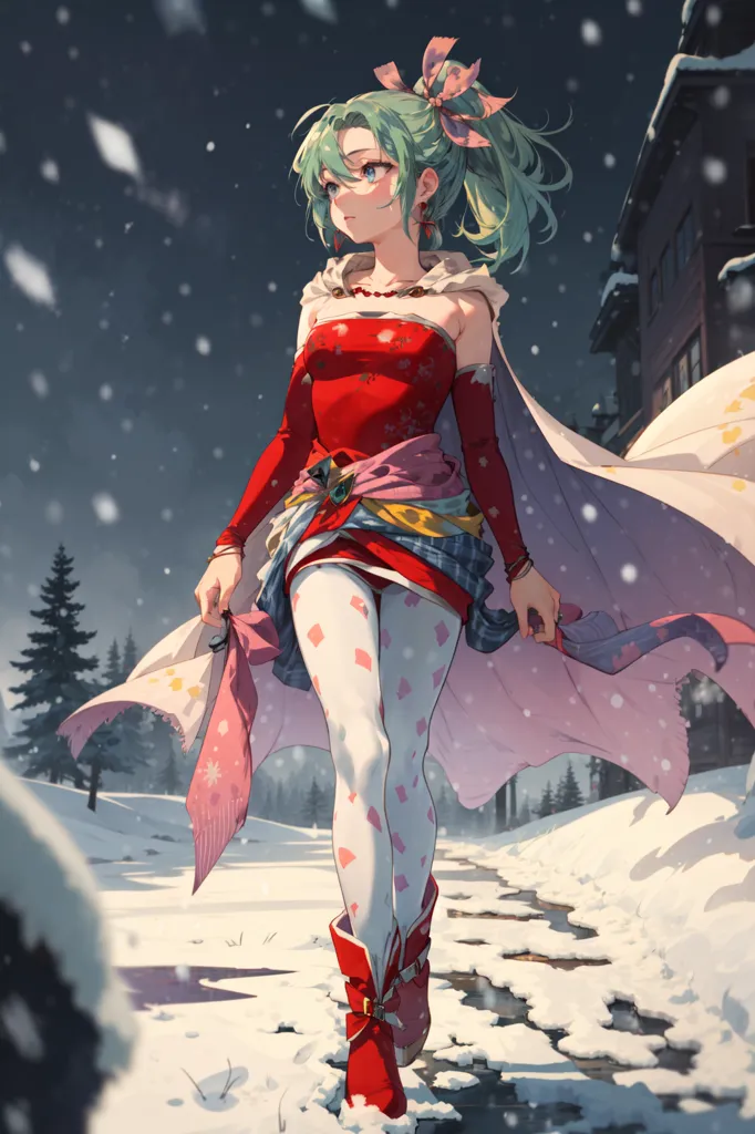 Genshin Impact character with white tights and red shoes, wearing a kimono in the snow, full body portrait, anime style, cute girl with green hair and a pink bow on her head, simple background, colorful  details shown with light and shadow effects, exquisitely dressed in a night scene with high definition details, in the style of anime. --ar 85:128