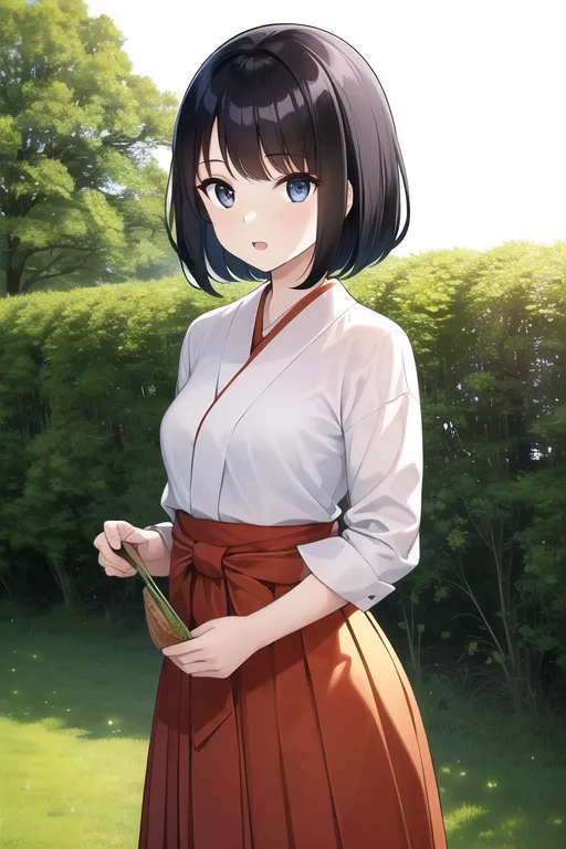 The anime, beautiful girl with black short hair and blue eyes wearing white long sleeved shirt tied in low ponytail is holding rice leaves while standing on the lawn. She has an angry expression, slightly curly bangs shoulder length skirt, light red apron, smile, delicate facial features, character closeup, [Makoto Shinkai](https://goo.gl/search?artist%20Makoto%20Shinkai) style animation art. [Hayao Miyazaki](https://goo.gl/search?artist%20Hayao%20Miyazaki) anime style，Black outline effect, anime manga, dark green background, 8K resolution, high quality, perfect details ，Chinese ancient costume --ar 2:3