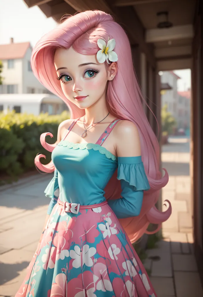 The image shows an anime girl with pink hair and blue eyes. She is wearing a blue off-the-shoulder top and a pink skirt. There is a white flower in her hair and a necklace around her neck. She is standing in a street with a building in the background.