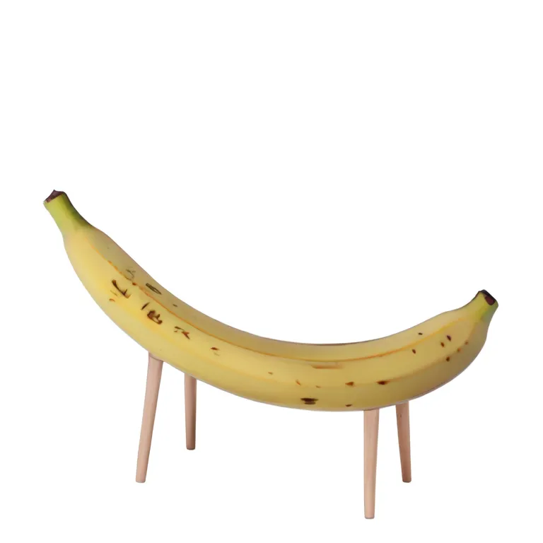 This is a surreal image of a banana with four wooden legs. The banana is yellow with brown spots and has a brown stem. The legs are light brown and have a grain pattern. The banana is sitting on a white surface.