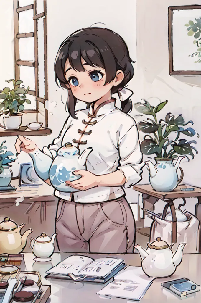 A cute girl with black hair and blue eyes is holding an ancient porcelain teapot in her hand, standing next to a table of tea sets, wearing a white top and brown pants, smiling happily at you in the style of anime. The room has various books on it, creating a warm atmosphere. An illustration in the style of anime, in the animation art style of [Makoto Shinkai](https://goo.gl/search?artist%20Makoto%20Shinkai). In the comics style of [Hayao Miyazaki](https://goo.gl/search?artist%20Hayao%20Miyazaki). --ar 85:128