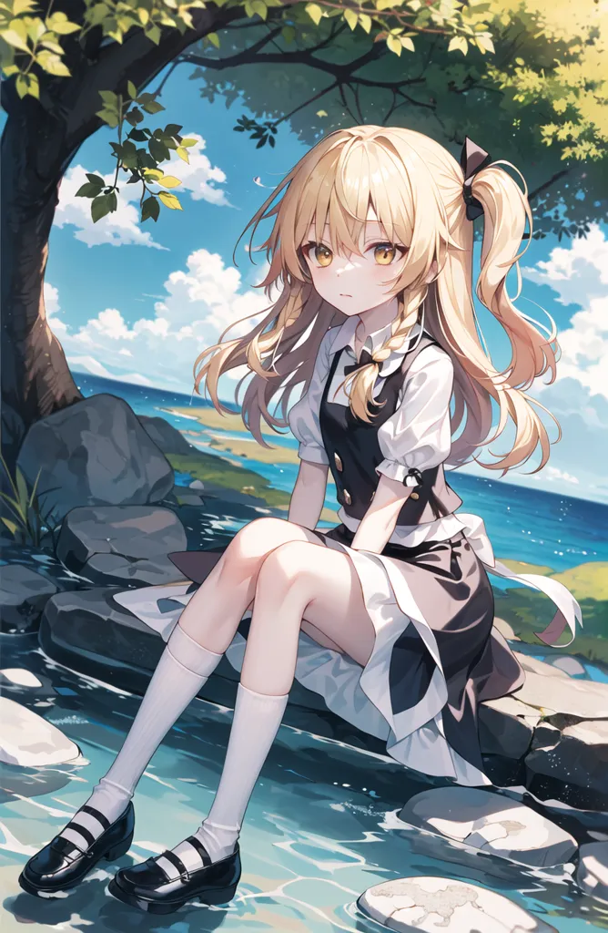 Cute anime girl sitting on the rocks by the lake, with blonde hair in pigtails, black and white uniform skirt, sky blue eyes with long eyelashes, light brown skin tone, wearing shoes, and a happy expression, with a green tree background and blue sea water background, in the style of [Makoto Shinkai](https://goo.gl/search?artist%20Makoto%20Shinkai), in a colorful cartoon style, in a traditional animation style, in a rural style, with hidden details art style, in a horror manga style, and in an expressive manga style. --ar 83:128