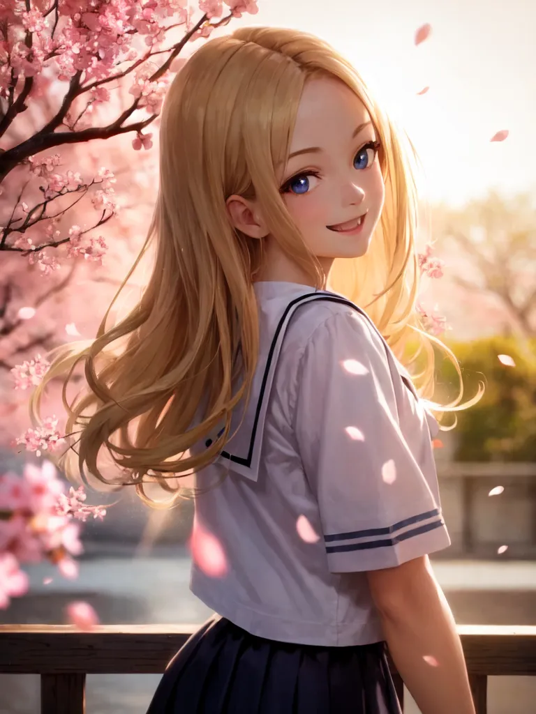 A beautiful anime schoolgirl with long blonde hair and blue eyes wearing a sailor uniform smiling at the camera, cherry blossoms in the background, sunlight shining on her face, full body portrait, in the style of [Artgerm](https://goo.gl/search?artist%20Artgerm), in the style of [Greg Rutkowski](https://goo.gl/search?artist%20Greg%20Rutkowski) and in the style of [Makoto Shinkai](https://goo.gl/search?artist%20Makoto%20Shinkai). --ar 3:4