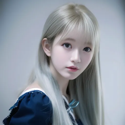 The image shows a young girl with long white hair and blue eyes. She is wearing a blue dress with a white collar. The girl has a pale complexion and her hair is styled in a hime cut. She is looking at the viewer with a slightly puzzled expression.