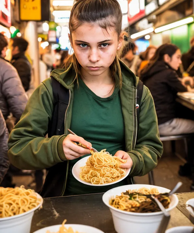 一个年轻女孩正用筷子吃一盘面条。她坐在餐厅的桌子旁,背景中有其他人。女孩穿着一件绿色的衬衫和一件黑色的夹克。她的头发扎成马尾,正看着镜头。