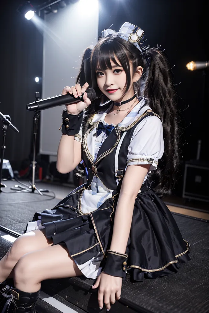 Japanese high school girl with black hair singing on stage in the style of Kawaii, in a maid outfit. Full body portrait in a black and white uniform skirt with a solid color dress trimmed in gold around the collar and hem, kneeling pose with a cute face, live shot, photography. --ar 85:128