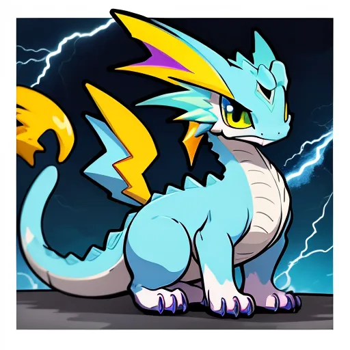 The image shows a blue dragon with yellow and purple lightning bolts on its back and tail. The dragon is standing on a stone platform with a dark background. The dragon has yellow eyes and sharp teeth. It is surrounded by lightning bolts.