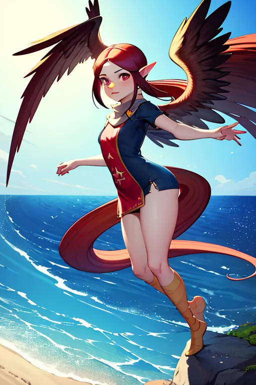 The image shows a red-haired anime girl with wings standing on a cliff. She is wearing a blue and red outfit and has a determined look on her face. The ocean is behind her, and the sky is blue with a few clouds in the distance.