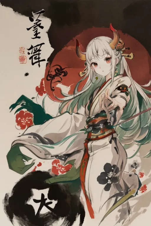 The picture shows a girl with white hair and red horns. She is wearing a white kimono with a red sash and has a sword in her hand. The background is white with some red and green flowers and the kanji for "Yamato" in the top right corner.