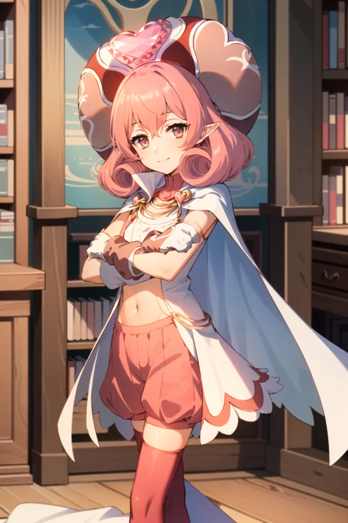 The image shows an anime-style girl with pink hair and pink eyes. She is wearing a white and pink outfit with a red and pink hat. She is standing in a library, and there are bookshelves all around her.