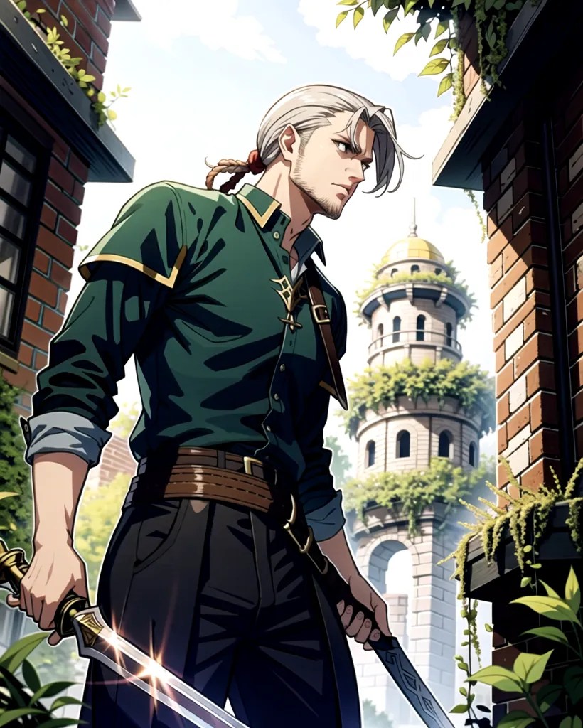 This is an image of a man standing in between two buildings. He has a sword in each hand. The man is wearing a green shirt, brown pants, and a brown belt. He has blond hair and green eyes. He looks like he is ready to fight.