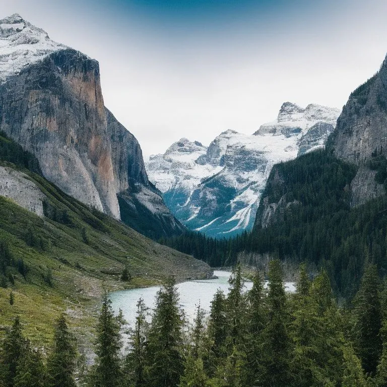 The image shows a mountain valley with a river running through it. The valley is surrounded by snow-capped mountains and the sky is blue with some clouds in the distance. The river is a light blue/green color and the trees are green. The mountains in the background are grey and white from the snow.