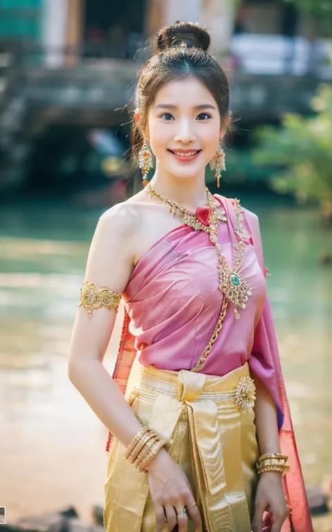 The image shows a young woman wearing a traditional Thai dress. The dress is pink and gold, with a white underskirt. The woman is also wearing a traditional Thai headdress and jewelry. She is standing in a traditional Thai house, and there is a lotus pond in the background. The woman is smiling and looks happy and relaxed.