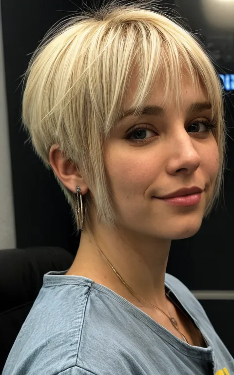 The image shows a young woman with short blonde hair and bangs. The hair is cut in a choppy style with the longest pieces at the front and the shortest pieces at the back. The bangs are also choppy and they fall across the woman's forehead. The woman has fair skin and blue eyes. She is wearing a blue shirt. The background is black.