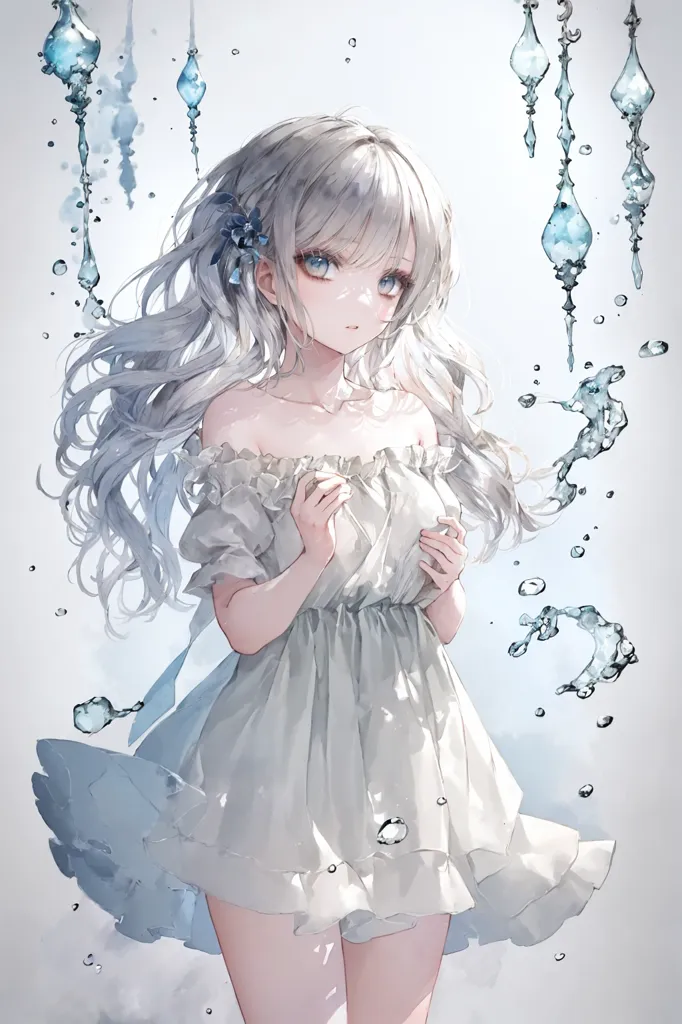 The image is of a beautiful anime girl with long, flowing white hair and blue eyes. She is wearing a white dress with off-the-shoulder sleeves. The dress is trimmed with blue lace. She is standing in a field of flowers, and there are blue crystals floating in the air around her. The background is a soft, light blue.